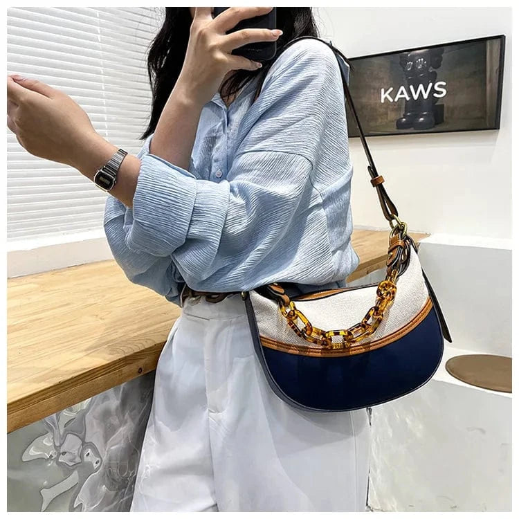 BLUE ARUBBIT Brand Acrylic Chain Canvas Stitching Pu Fashionable Ladies Shoulder Bags Women