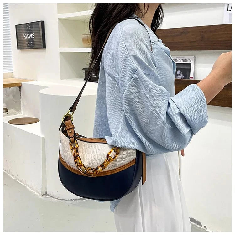 BLUE ARUBBIT Brand Acrylic Chain Canvas Stitching Pu Fashionable Ladies Shoulder Bags Women