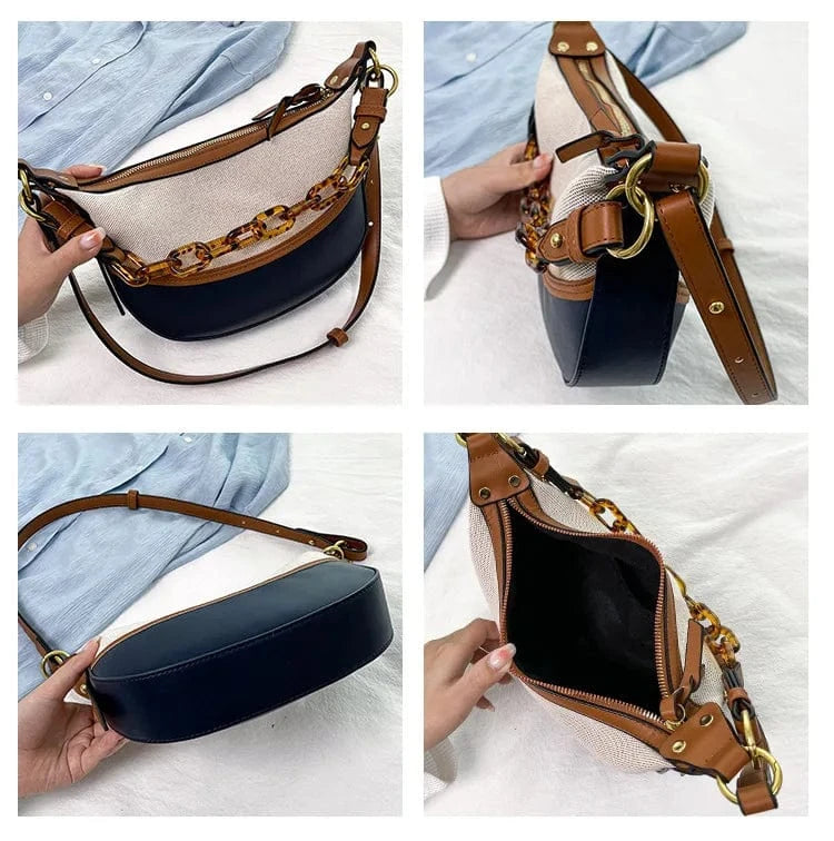 BLUE ARUBBIT Brand Acrylic Chain Canvas Stitching Pu Fashionable Ladies Shoulder Bags Women