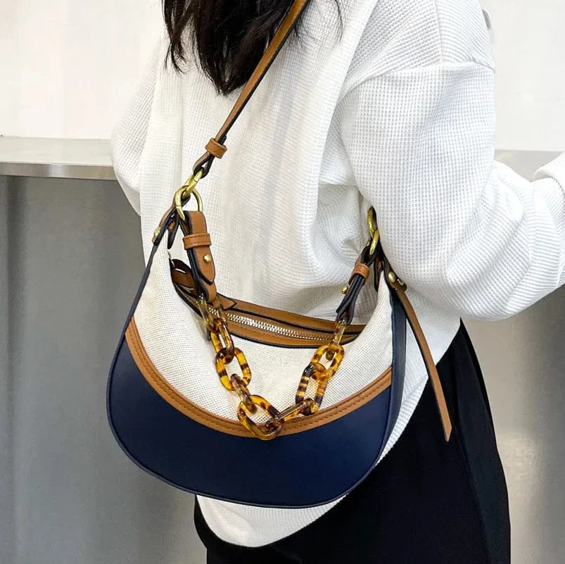 BLUE ARUBBIT Brand Acrylic Chain Canvas Stitching Pu Fashionable Ladies Shoulder Bags Women