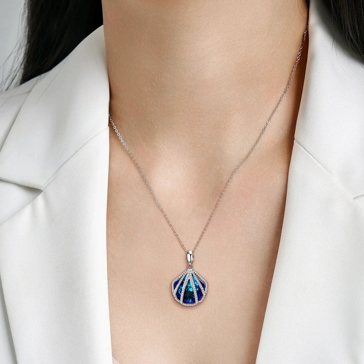 Blue Crystal Seashells Pendant Necklaces Jewelry Authentic 925 Sterling Silver for Fashion Women Necklace Jewelry Fine Accessory