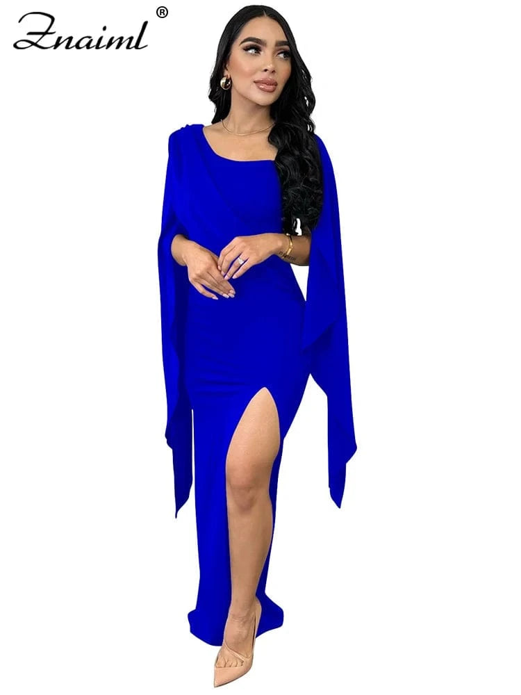 blue dress / L / CHINA Znaiml Elegant Flare Sleeve Celebrity Nightclub Maxi Long Dresses for Women Sexy High Split Evening Party Prom Birthday Vestidos