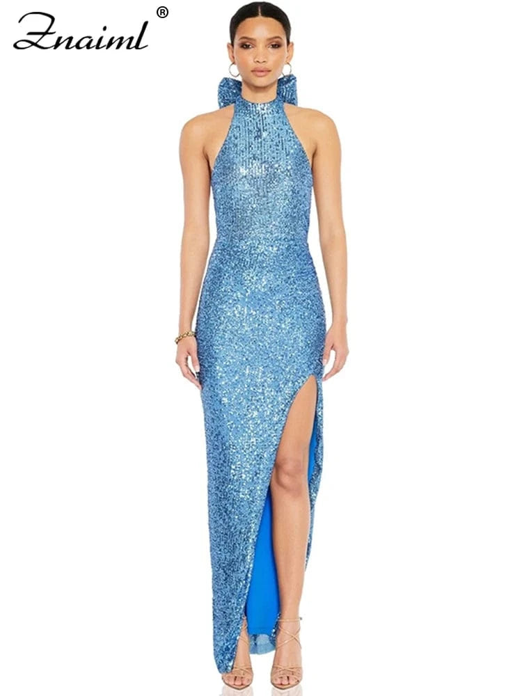 blue dress / M Znaiml Elegant Luxury Sequin Halter Big Bow Backless Long Dresses Women Sleeveless High Split Birthday Evening Wedding Vestidos
