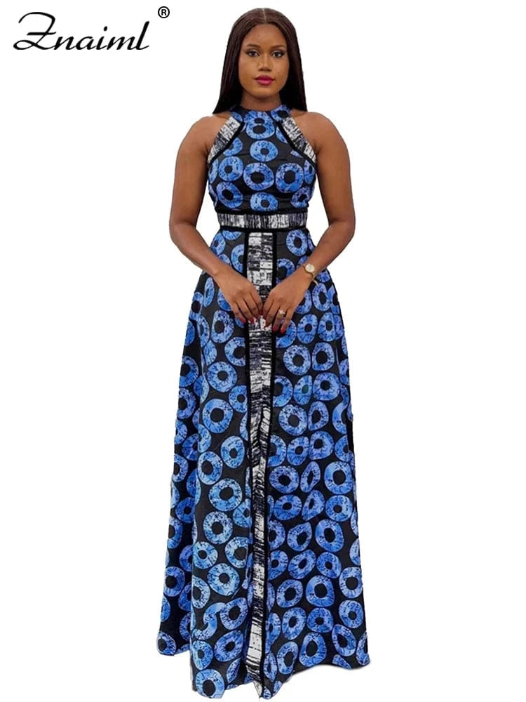 blue dress / S Znaiml Elegant Indie Folk Blue Retro Print A-line Long Dress Women O Neck Sleeveless Birthday Evening Prom Vacation Vestidos New