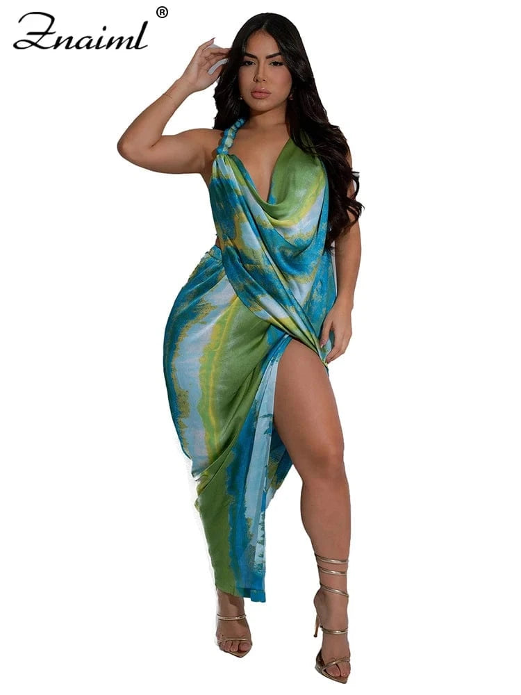blue dress / XL Znaiml Sexy Beach Vacation Deep V-neck Bead Halter Sleeveless Backless Dress Women Fashion High Split Printed Night Club Robe