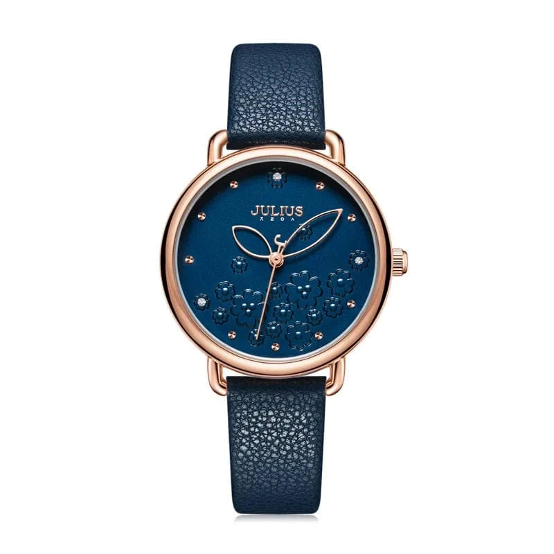 Blue Four-leaf Clover Flower Elegant Women's Watch Japan Mov't Lady Hours Fine Fashion Real Leather Bracelet Girl's Gift Julius Box