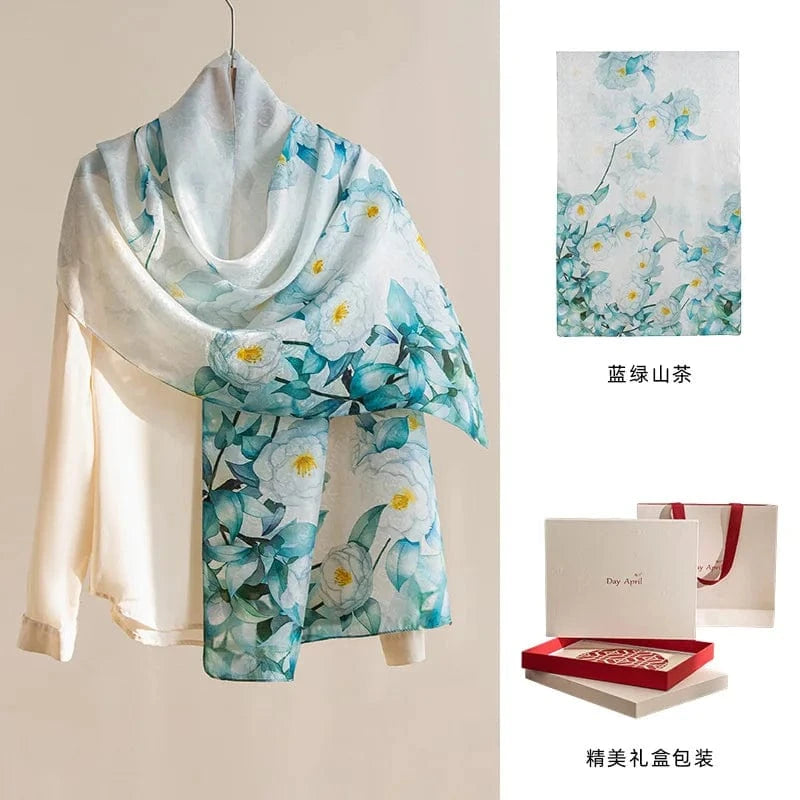 blue green camellia High-end women's new 100 mulberry silk scarf shawl cheongsam 170 * 55cm