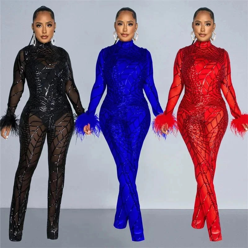 blue jumpsuits / XL / CHINA Znaiml Feather Long Sleeve Sequins Bodycon Jumpsuit Women Bodysuit Mesh See Through One Piece Overalls Birthday Party Outfits