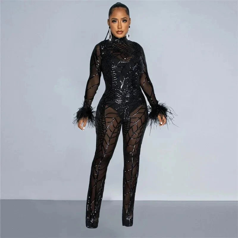 blue jumpsuits / XL / CHINA Znaiml Feather Long Sleeve Sequins Bodycon Jumpsuit Women Bodysuit Mesh See Through One Piece Overalls Birthday Party Outfits
