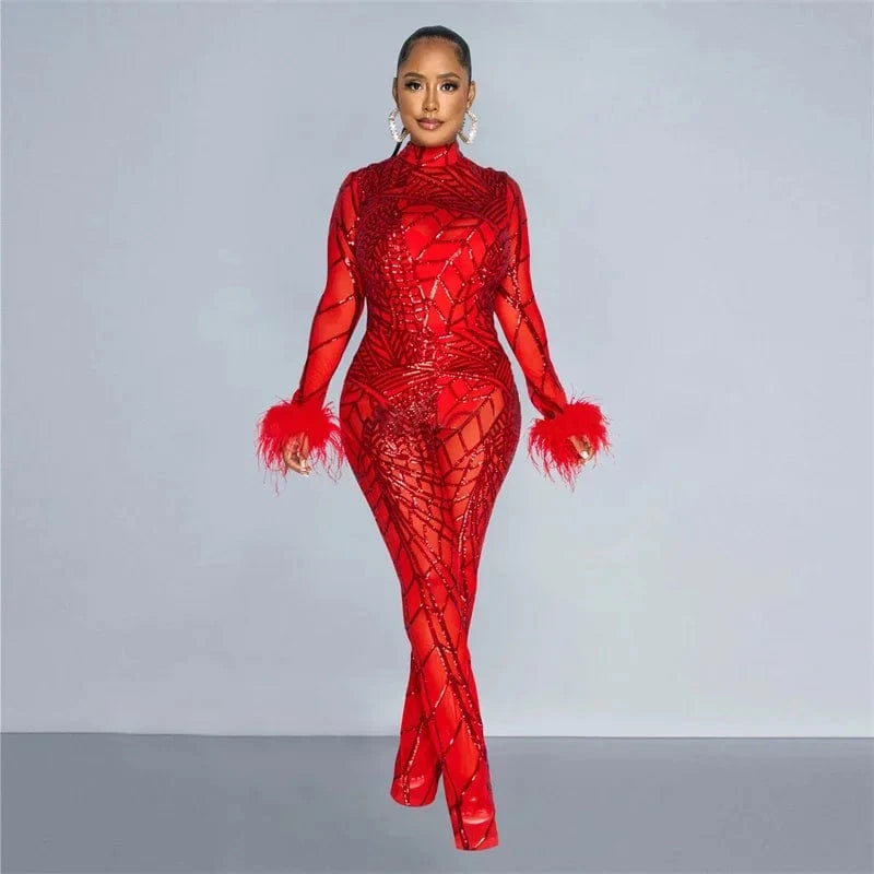 blue jumpsuits / XL / CHINA Znaiml Feather Long Sleeve Sequins Bodycon Jumpsuit Women Bodysuit Mesh See Through One Piece Overalls Birthday Party Outfits