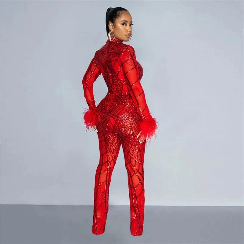 blue jumpsuits / XL / CHINA Znaiml Feather Long Sleeve Sequins Bodycon Jumpsuit Women Bodysuit Mesh See Through One Piece Overalls Birthday Party Outfits