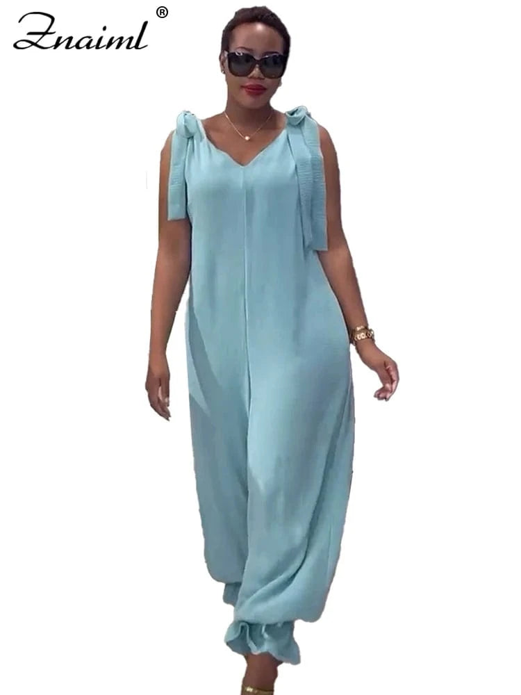 blue jumpsuits / XXXL Znaiml Casual Lace-up Bandage Jumpsuit Green Loose Wide Leg Jogger Pants Women V-Neck Sleeveless New In One Pieces Rompers 2025