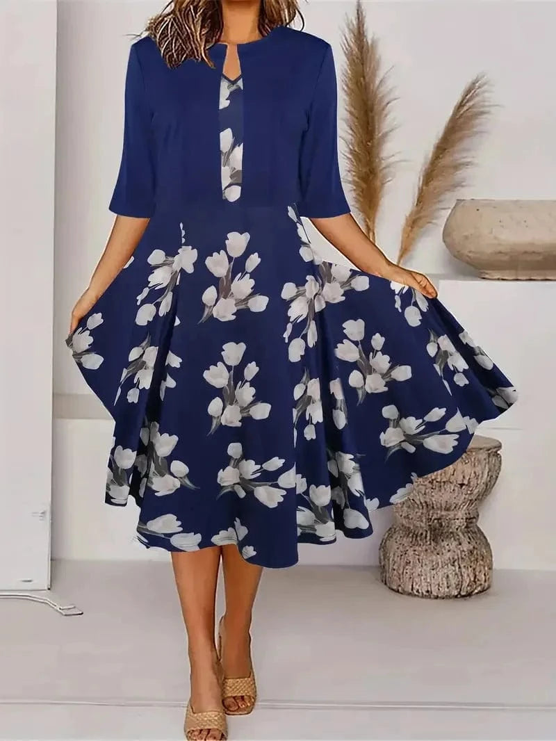 Blue / L 2024 Europe and the United States autumn new women's long dress two-piece set of floral print round neck dress coat women