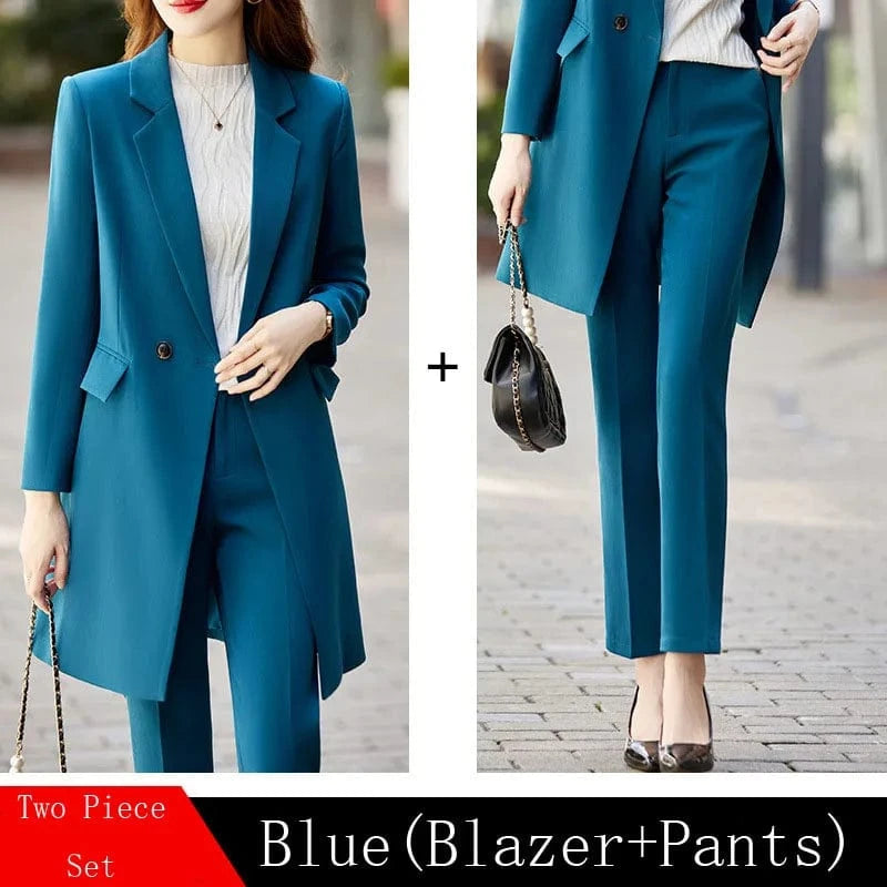 Blue / L / CHINA High End Office Professional Women's Blazer Pants 2-Piece Set Fall Fashion Long Female Jacket Over Business Suit Casual Trousers