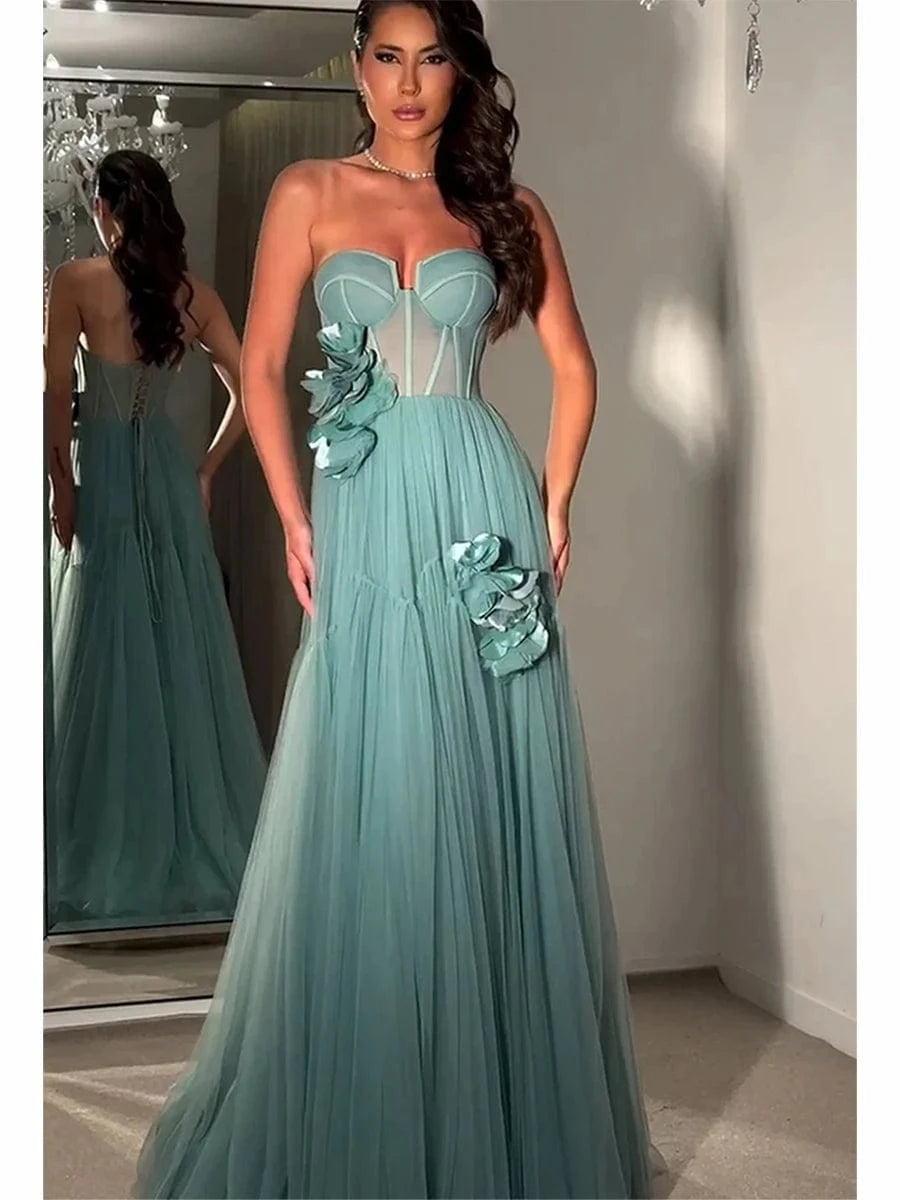 Blue / L / CHINA New Women's Sexy Strapless Casual Dress Holiday Style Three-Dimensional Flower Decorated Dress Floor-Length Evening Dress