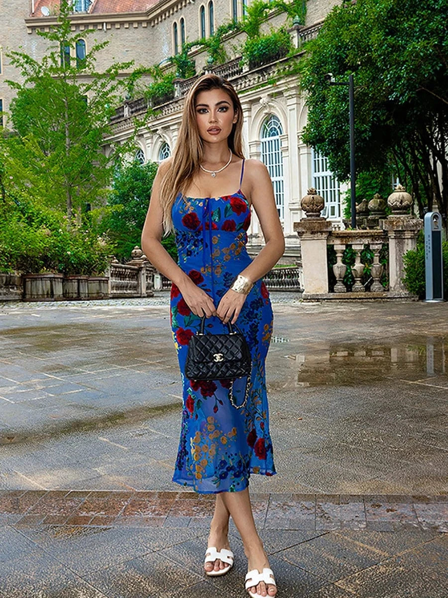 Blue / L / CHINA New Women's Velvet Print Hottie Hollow Out Backless Look Slimmer Halter Dress With Big Swing Slit Slim Calf Length Dress