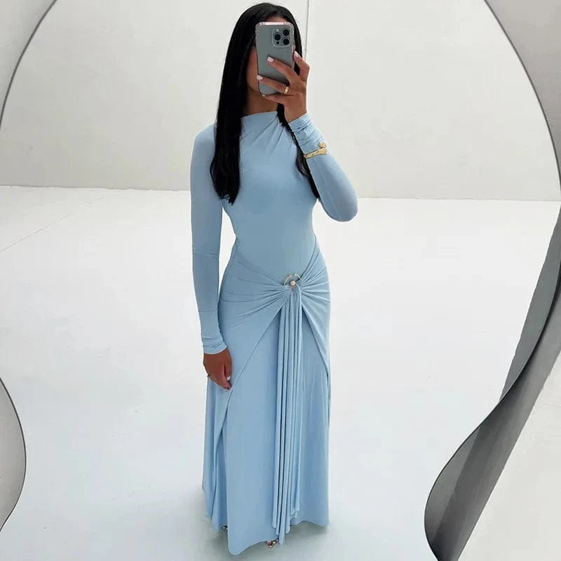 Blue / L Elegant Solid Buckle Bandage Slim Maxi Dress for Women Autumn Long Sleeve Bodycon Holidays Party Dress Lady Casual Dress