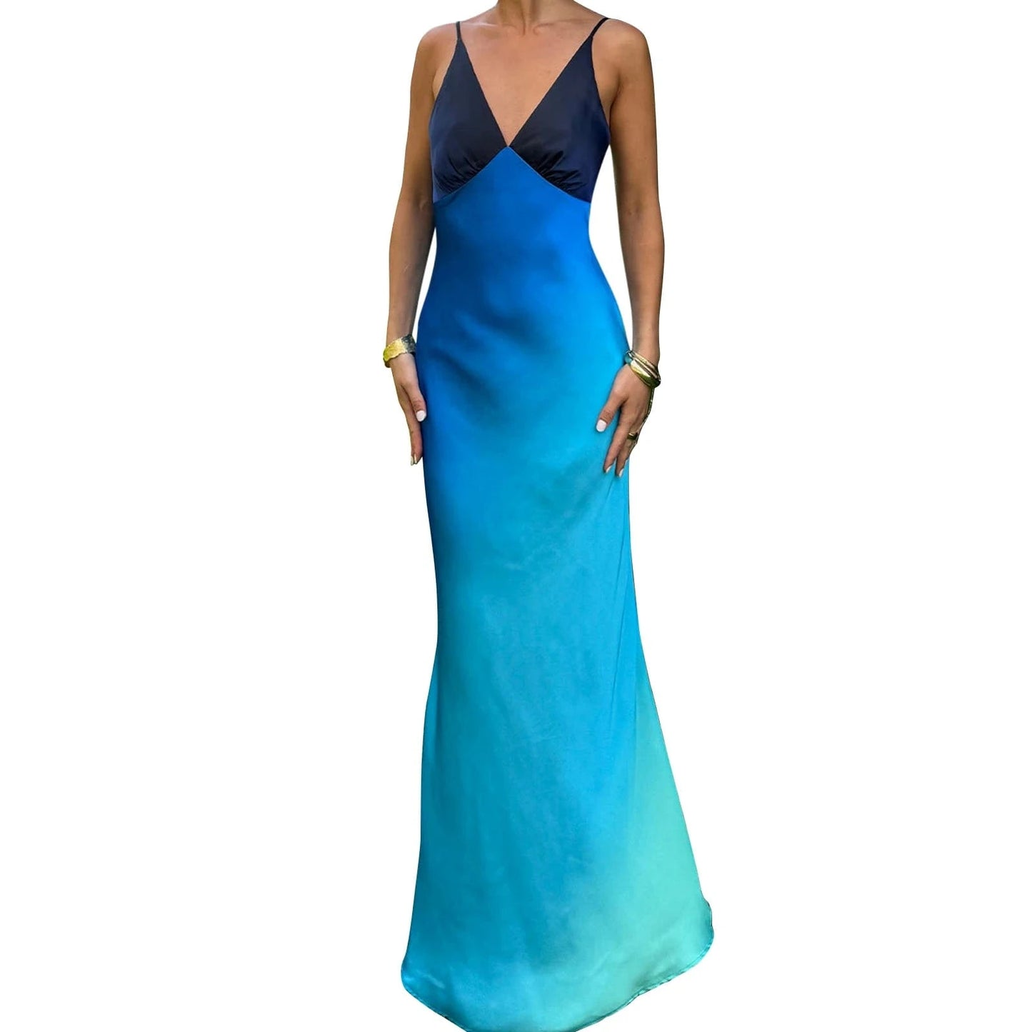 Blue / L Summer Women's Slim Elegant Party Dress Ladies Fashion Gradient Color Sleeveless Spaghetti Strap V-Neck Backless Long Dress