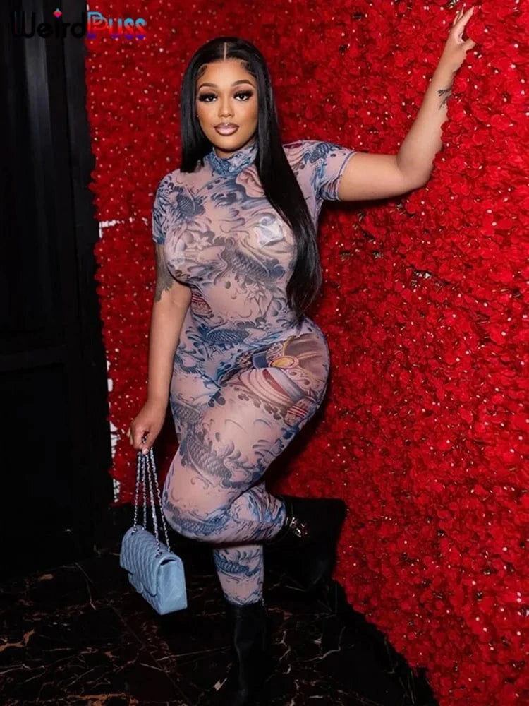 Blue / L Weird Puss Serpentine Jumpsuit Women See Through Backless Short Sleeve Sexy Fit Summer Workout Overalls Stretch Button Clubwear