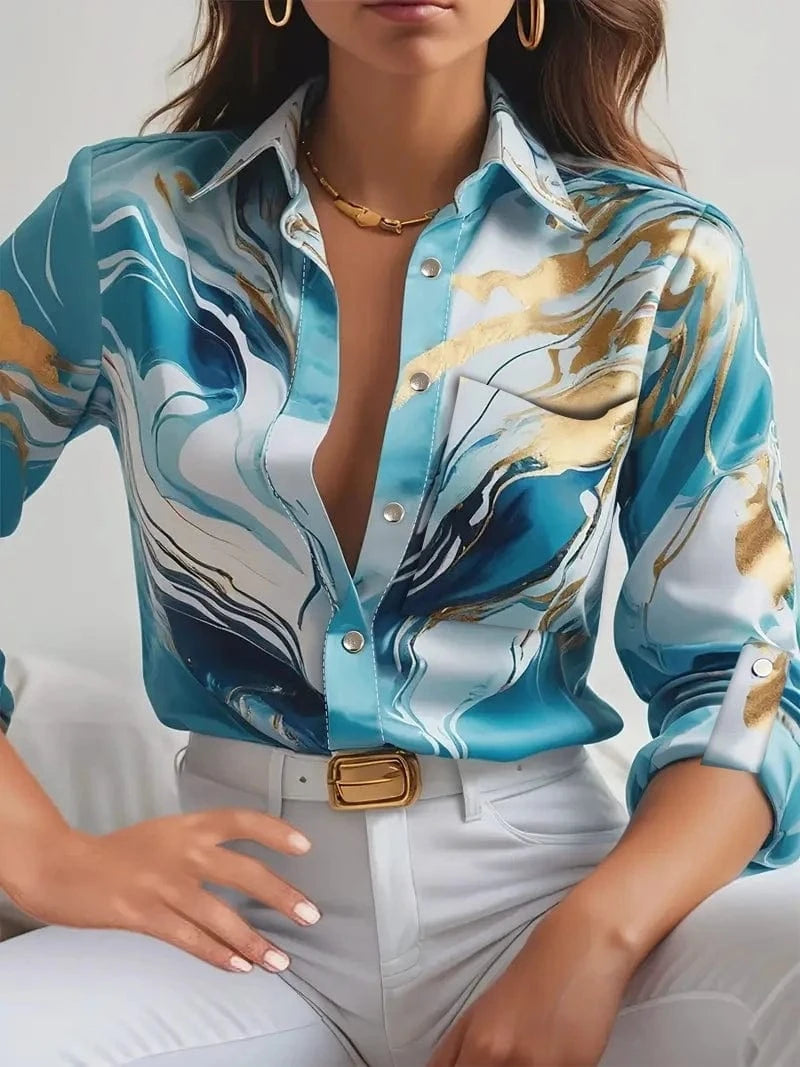 Blue / L Women Print V-Neck Button Long Sleeve Shirt Loose Casual Holiday Tops Blouse