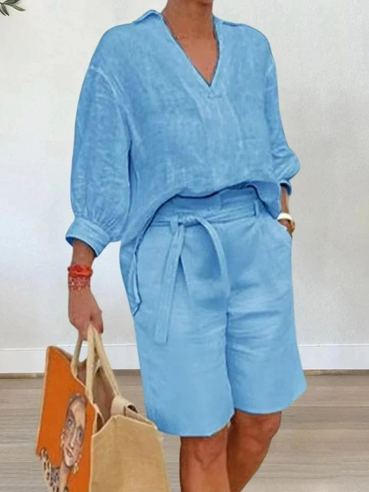 Blue / M 2024 Summer Fashion New Matching Collection Loose and Elegant V-neck Short Sleeve Cotton Linen Top Wide Leg Shorts Two Piece Set