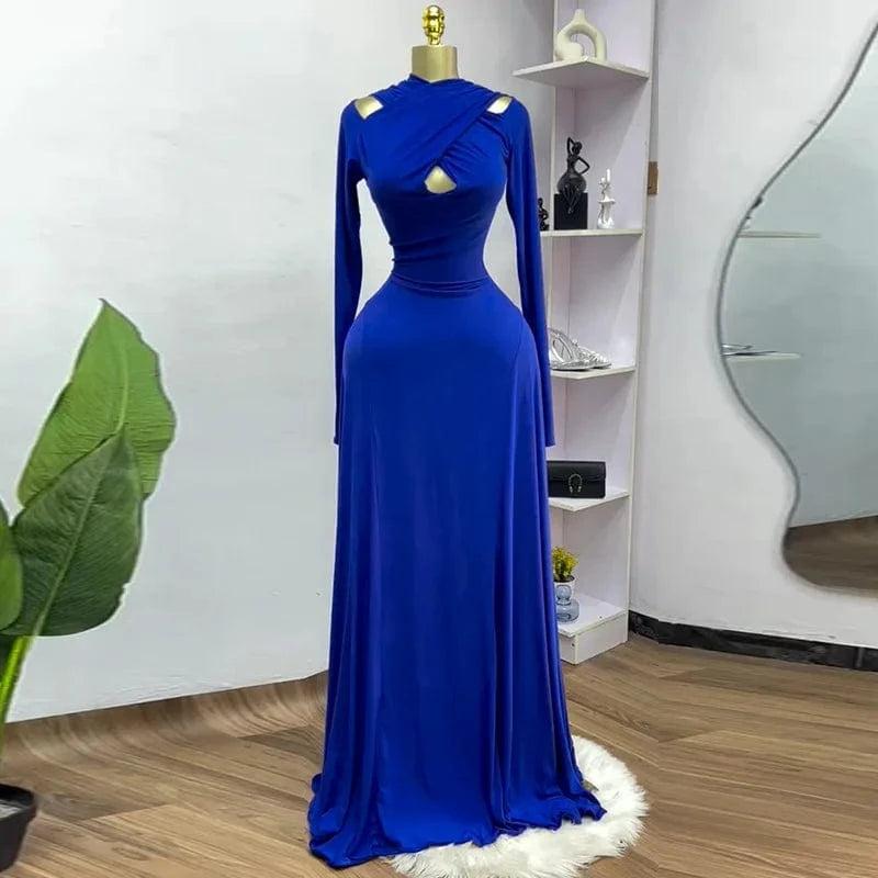 Blue / M CM.YAYA 2025 Summer Women O-neck Long Sleeve Mermaid Maxi Dress Birthday Beach Sexy Night Party Club Long Dresses