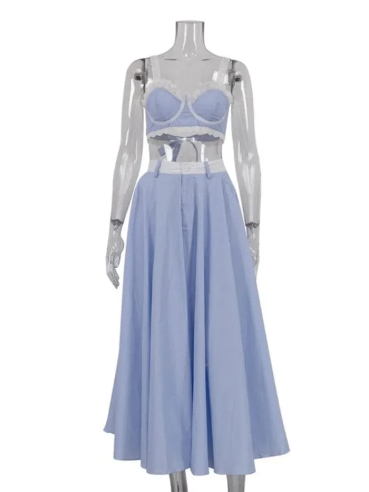 Blue / M Joskaa 2025 Women's Plaid Print Two Piece Set Sexy Lace Trim Crop Tank Top+High Waist Flare Skirt Match Holiday Y2K Streetwear