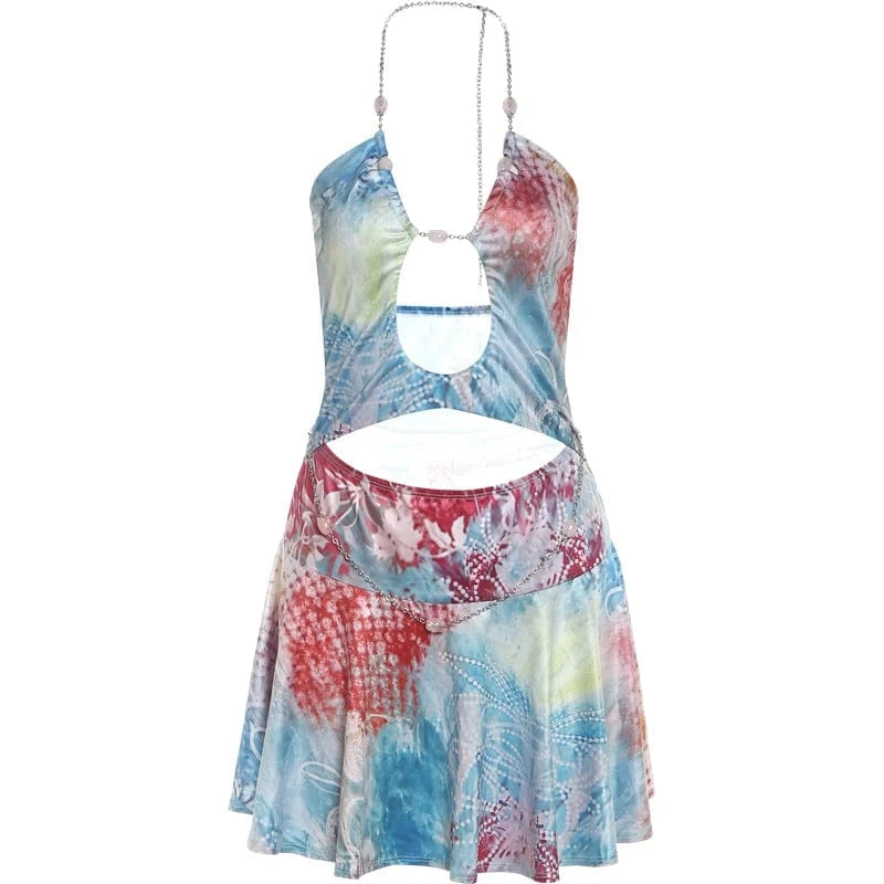 Blue / M Weird Puss Beads Chain Halter Dress Women Fashion Print Sexy Hollow Off Shoulder Vacation Beach Style Ruched Elegant Outfits