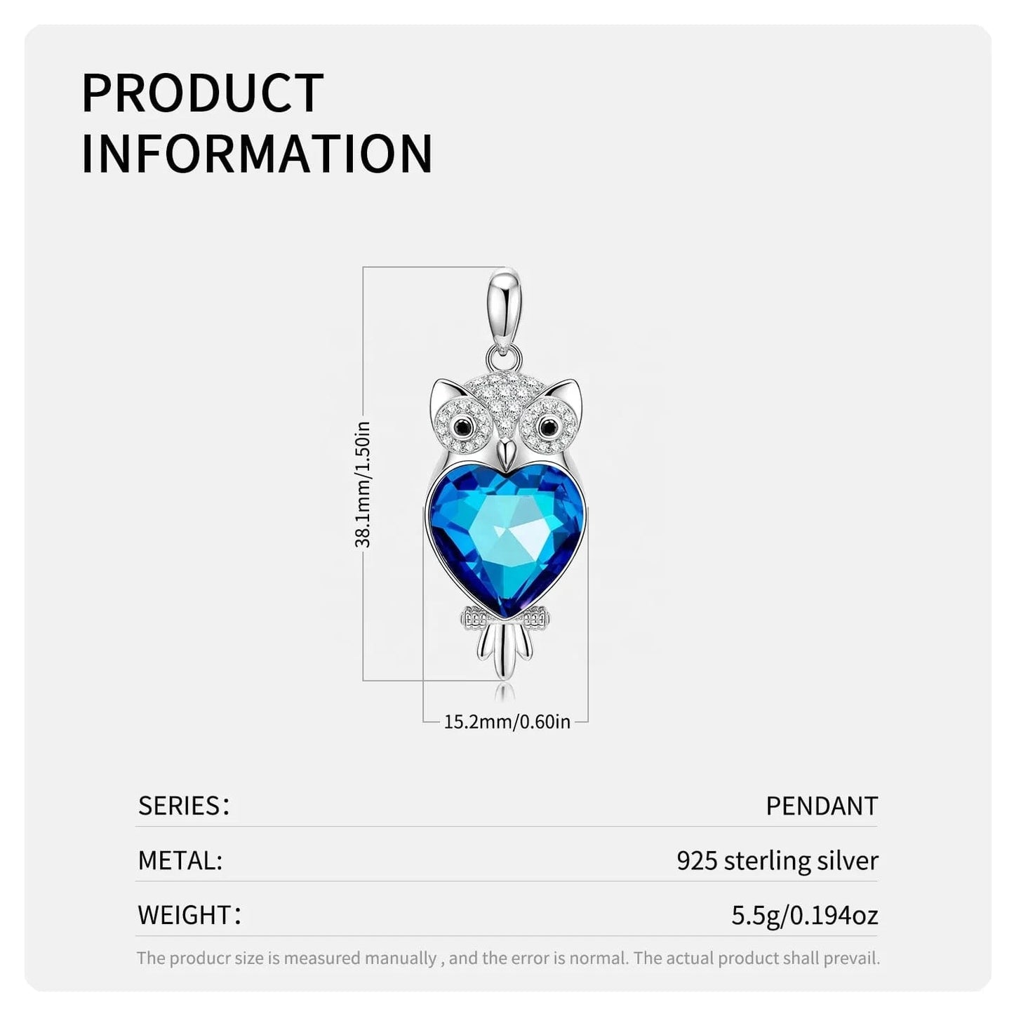 Blue Owl with Crystal Zirconia Necklace Pendant and Stud Earring Sets Authentic 925 Sterling Silver for Women Jewelry making