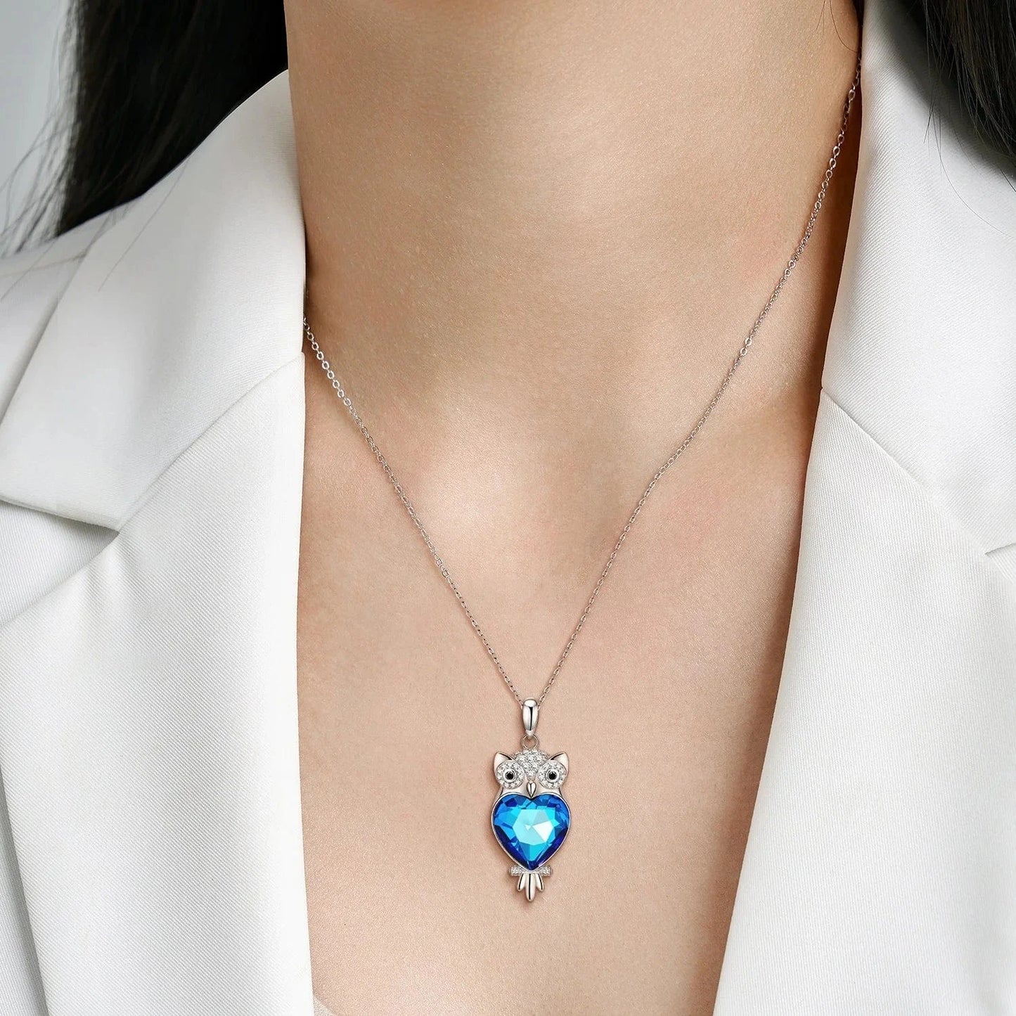 Blue Owl with Crystal Zirconia Necklace Pendant and Stud Earring Sets Authentic 925 Sterling Silver for Women Jewelry making