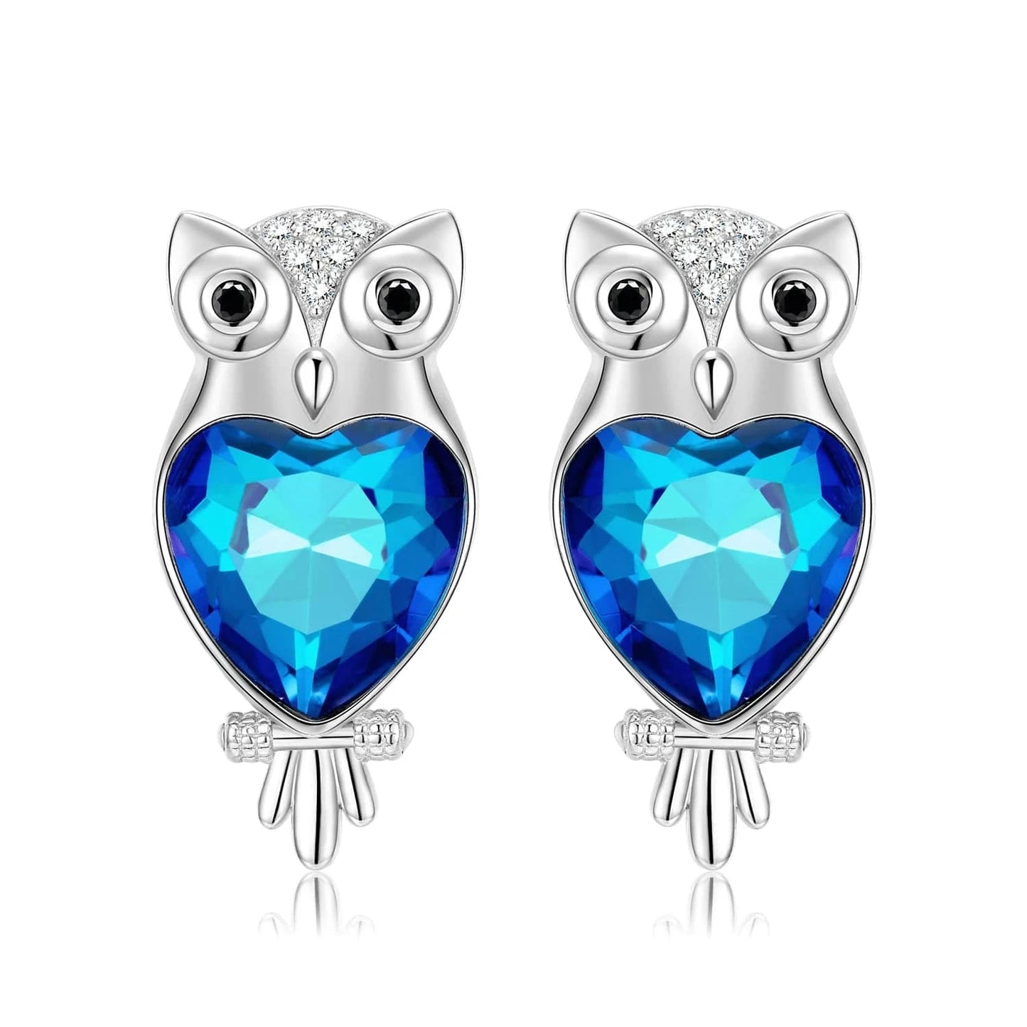 Blue Owl with Crystal Zirconia Necklace Pendant and Stud Earring Sets Authentic 925 Sterling Silver for Women Jewelry making