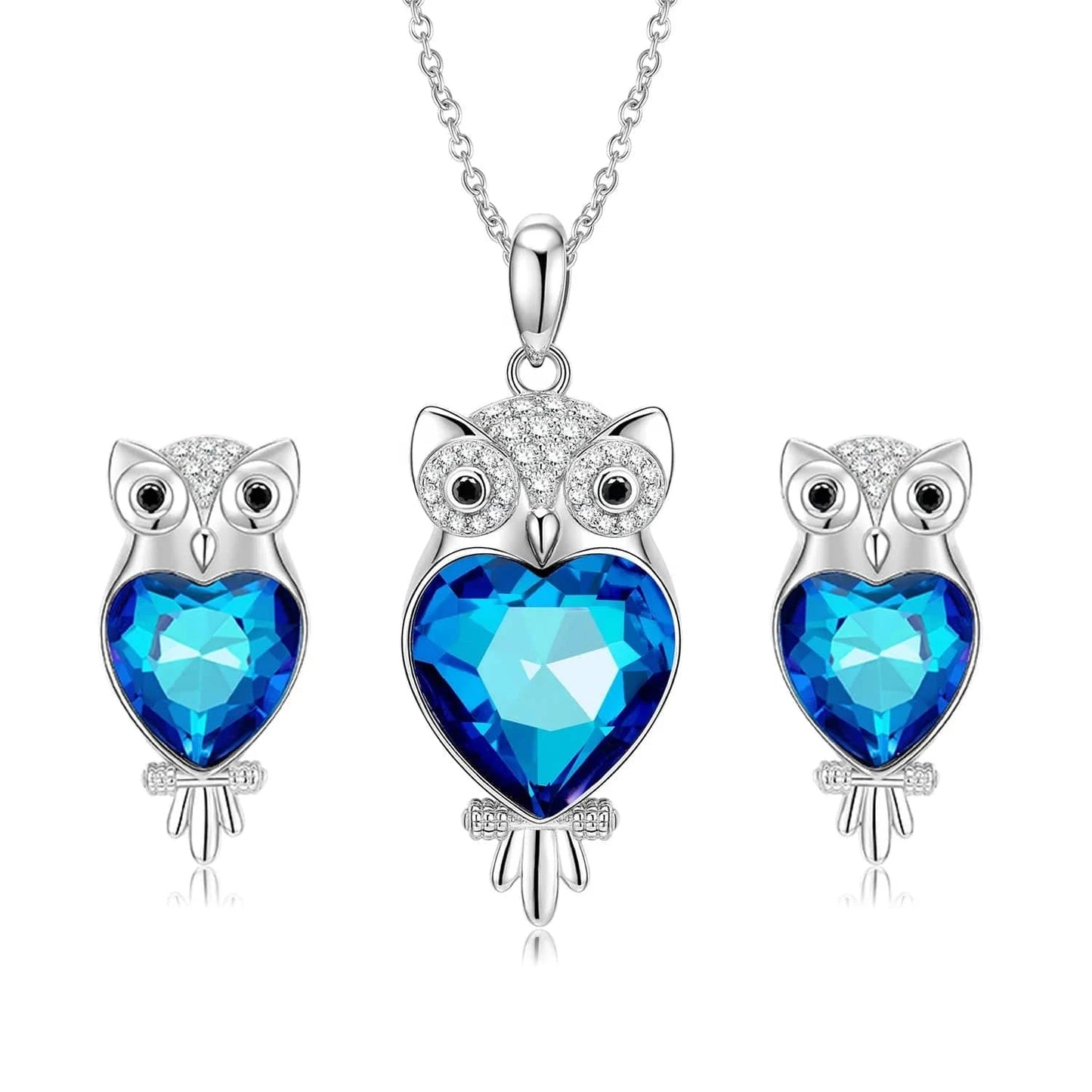 Blue Owl with Crystal Zirconia Necklace Pendant and Stud Earring Sets Authentic 925 Sterling Silver for Women Jewelry making