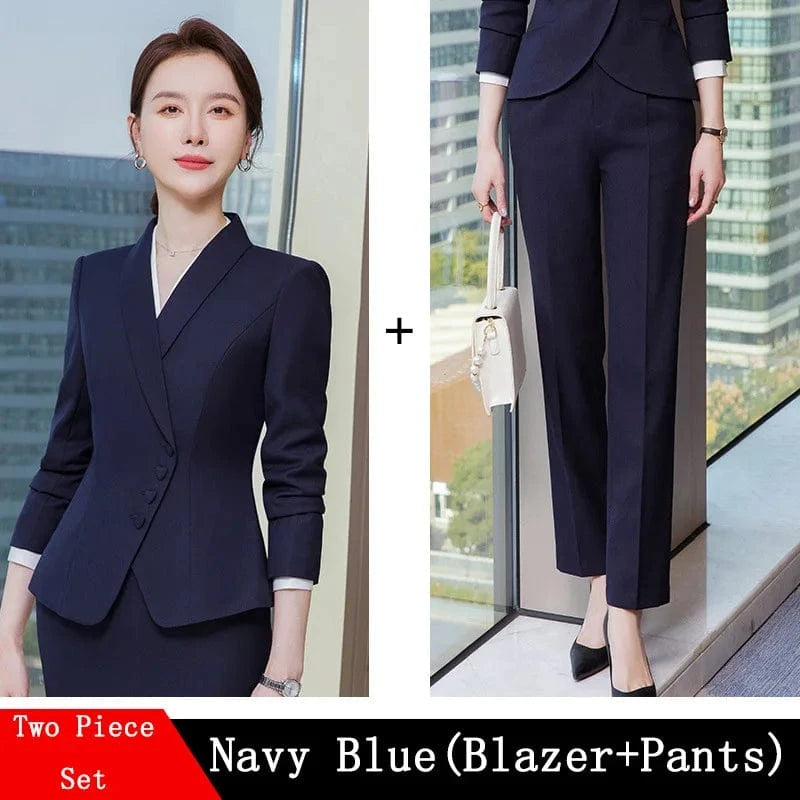 Blue Pant Suits / S / CHINA Office Business Women's Suit Pants Two-piece Set 2024 New Spring Autumn Long Sleeve Heart Button Jacket Slim Trousers Skirts