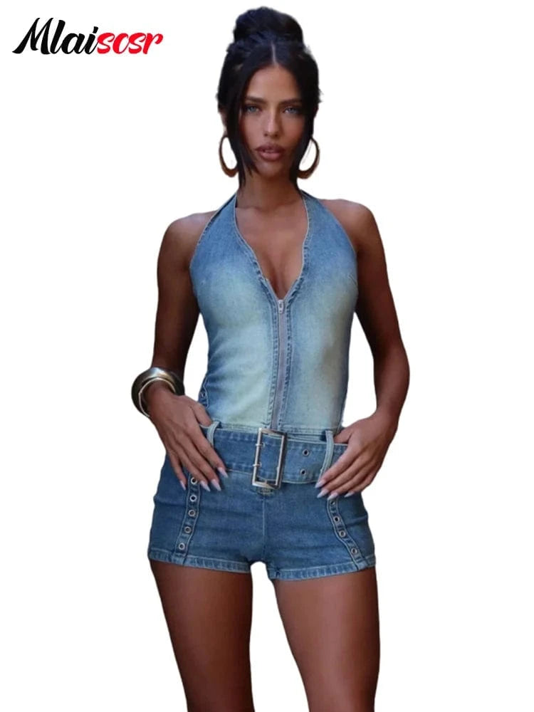 blue playsuits / S Mlaiscsr Blue Sleeveless Halter Backless Zipper Sashes Playsuits Jean Summer Women Fashion Streetwear Denim Shorts Jumpsuit y2k