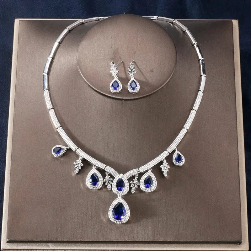 Blue RAKOL SP227 Wedding Bridal Fuchsia Rose Big Drop Zircon Pendant Necklace Earrings Jewelry Set