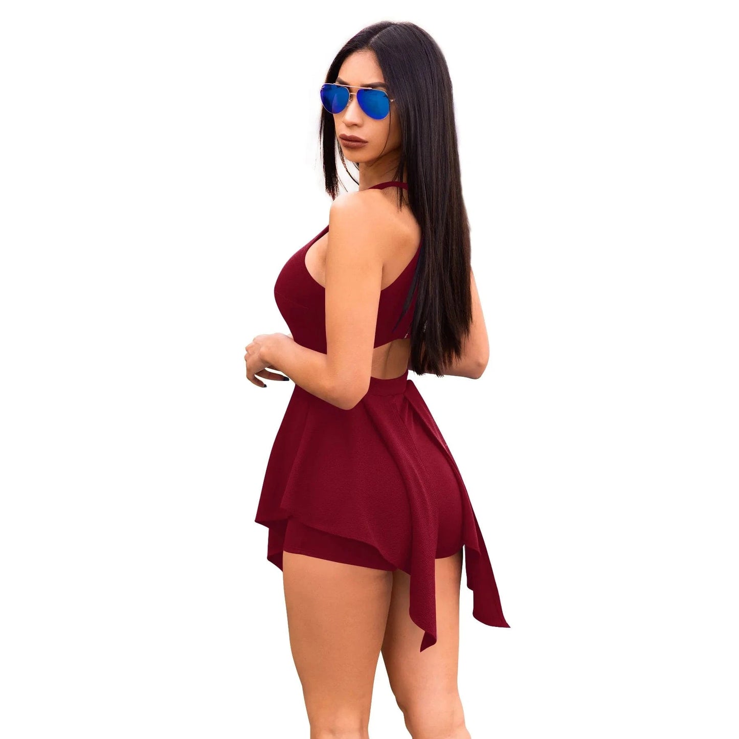 Blue Ruched Casual Playsuit Sexy Women O-neck Bodycon Backless Club Romper Overalls