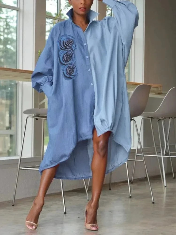BLUE / S Beautyblue Women Blue Long Blouse Shirts Contrast Color Rose Shirt Fashion Buttoned Long Sleeves Flower Lapel Shirt Dress Female