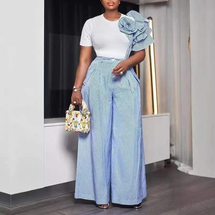 Blue / S CM.YAYA Street Women's Set Short Sleeve T-shirt and Striped Floral Splicing Romper Wide Leg Pants Elegant Two 2-Piece Set Outfit