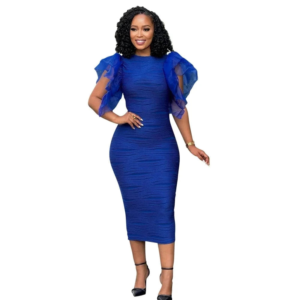 Blue / S CM.YAYA Women Ruffles Short Sleeve O-neck Striped Knee Length Dress Street Vestidos Sexy Night Club Party Evening Chic Dresses