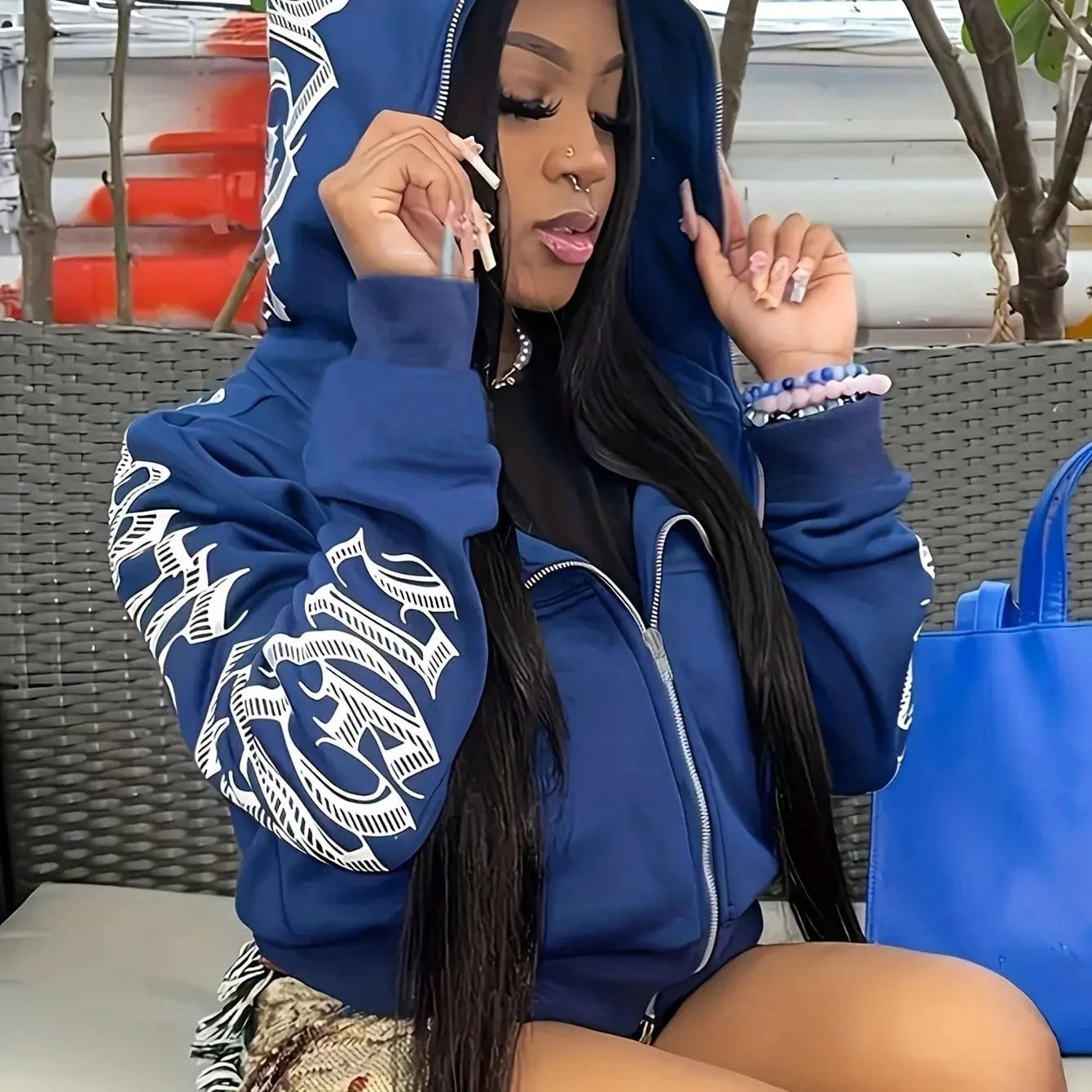 Blue / S Letter Print Long Sleeve Zip Up Hoodies, Cyber Y2K Gothic Punk Sweatshirt, Women's Clothing