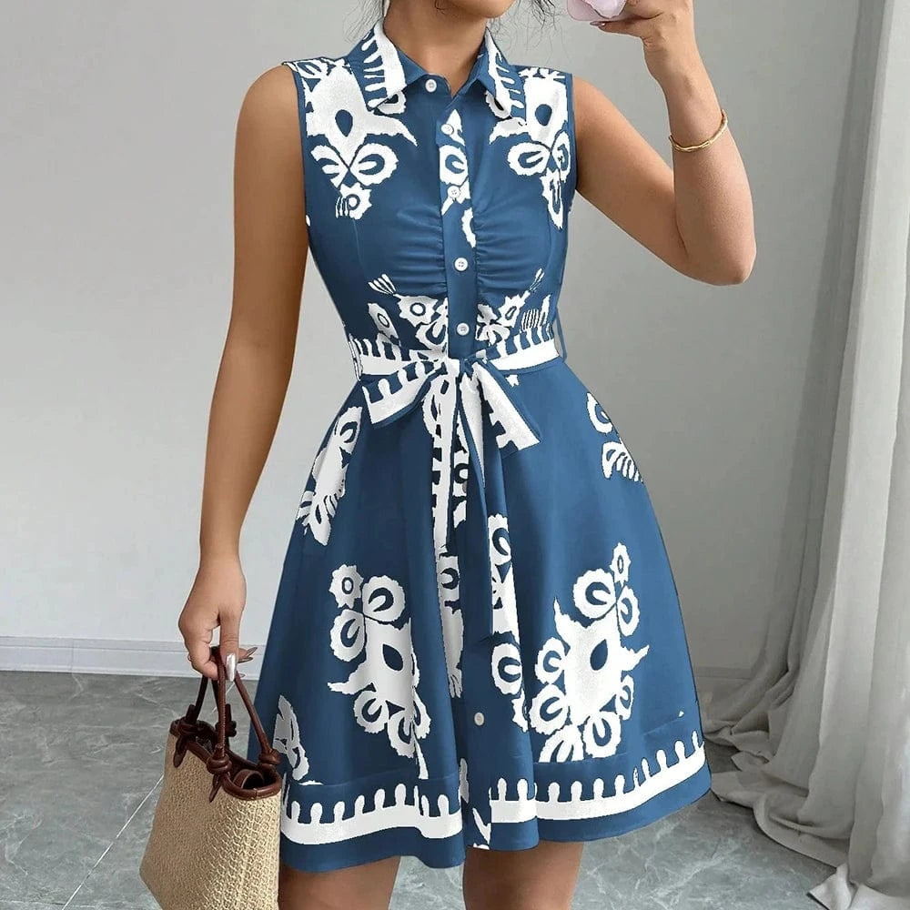 Blue / S Plus Size Womens Printed Sleeveless Buttons A-Line Shirts Dress Summer Ladies Turn Down Collar Casual Holiday Sundress SizeS-2XL