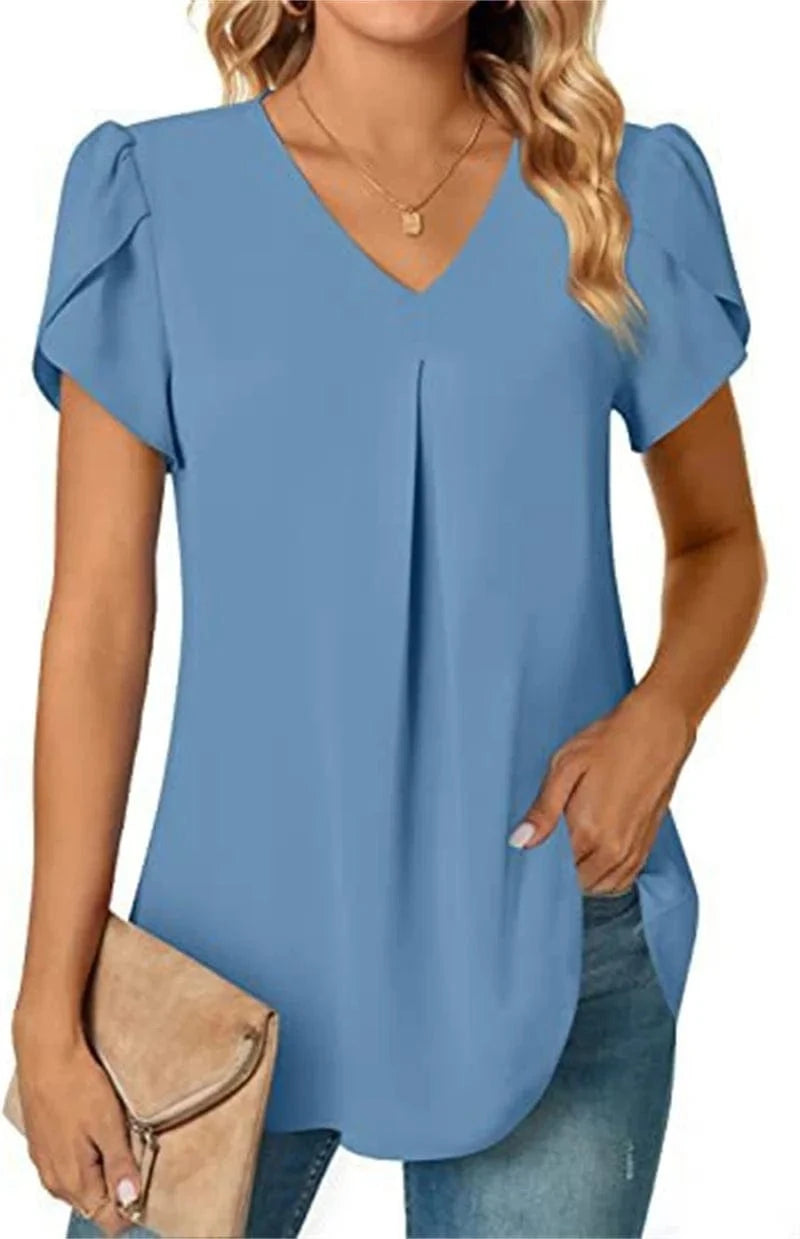 Blue / S Sexy V Neck Ruffle Short Sleeve Blouse Shirts Summer Women V Neck Solid Color Loose OL Workout Blouse Tops