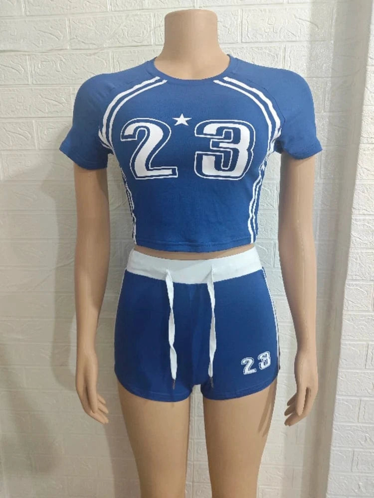 Blue / S Summer Two 2 Piece Set Women Outfits Colorblock Letter Print Crop Top and Drawstring Shorts Suit Female New Streetwear Tracksuit