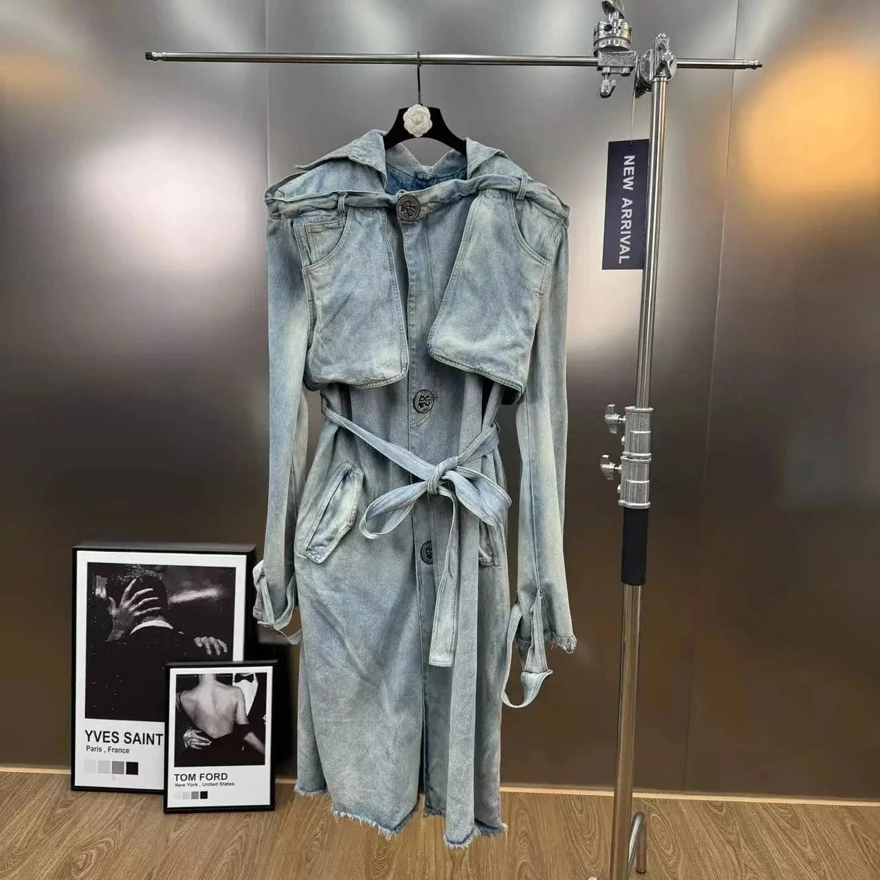 BLUE / S VGH Fashionable Patchwork Bandage Windbreaker for Women Lapel Long Sleeve Slimming Temperament Denim Jacket Female Autumn Style