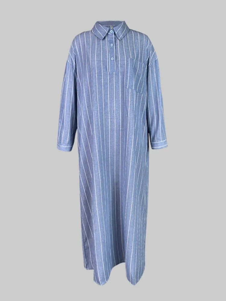 BLUE / S Women's summer New V-neck Fashionable Button Striped Round Neck Long Sleeved Simple Loose Long Sleeved Pullover Dress