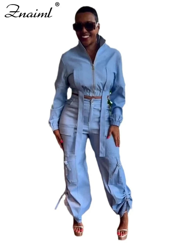 blue sets / S Znaiml Safari Style Streetwear Women Two 2 Piece Set Long Sleeve Zip Bandage Top and Multi-pockets Cargo Pants Matching Outfits