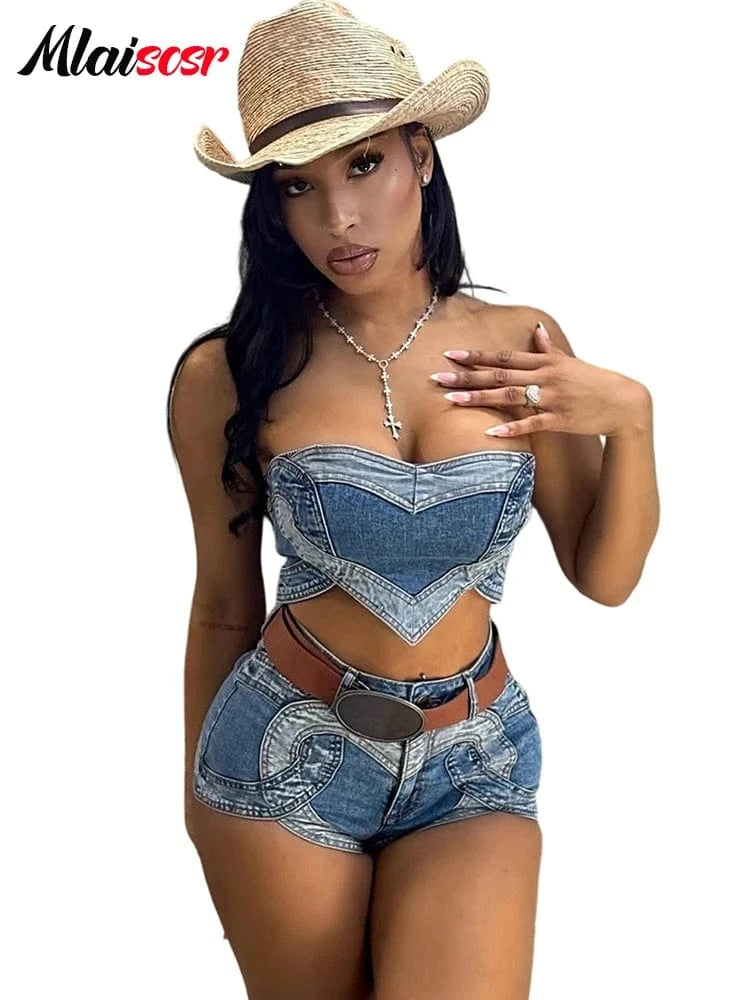 blue sets / XXL Mlaiscsr Blue Denim Patchwork Off Shoulder Crop Top and Shorts 2 Piece Jeans Sets Women Sexy Beach Vacation Party Club Outfit