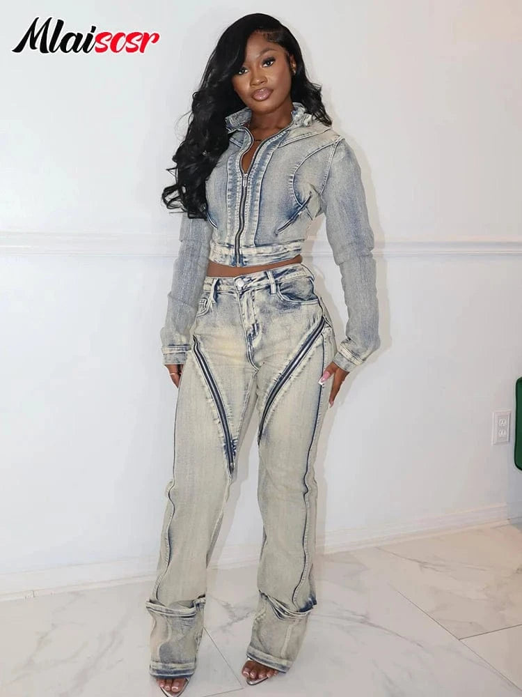 blue sets / XXL Mlaiscsr Stretch Denim Two Pieces Pants Sets Women Long Sleeve Zipper Short Jacket and Straight Cargo Jeans High Street Outfits