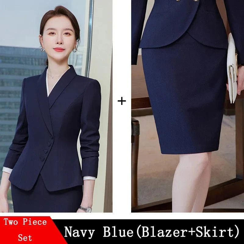 Blue Skirt Suits / 4XL / CHINA Office Business Women's Suit Pants Two-piece Set 2024 New Spring Autumn Long Sleeve Heart Button Jacket Slim Trousers Skirts