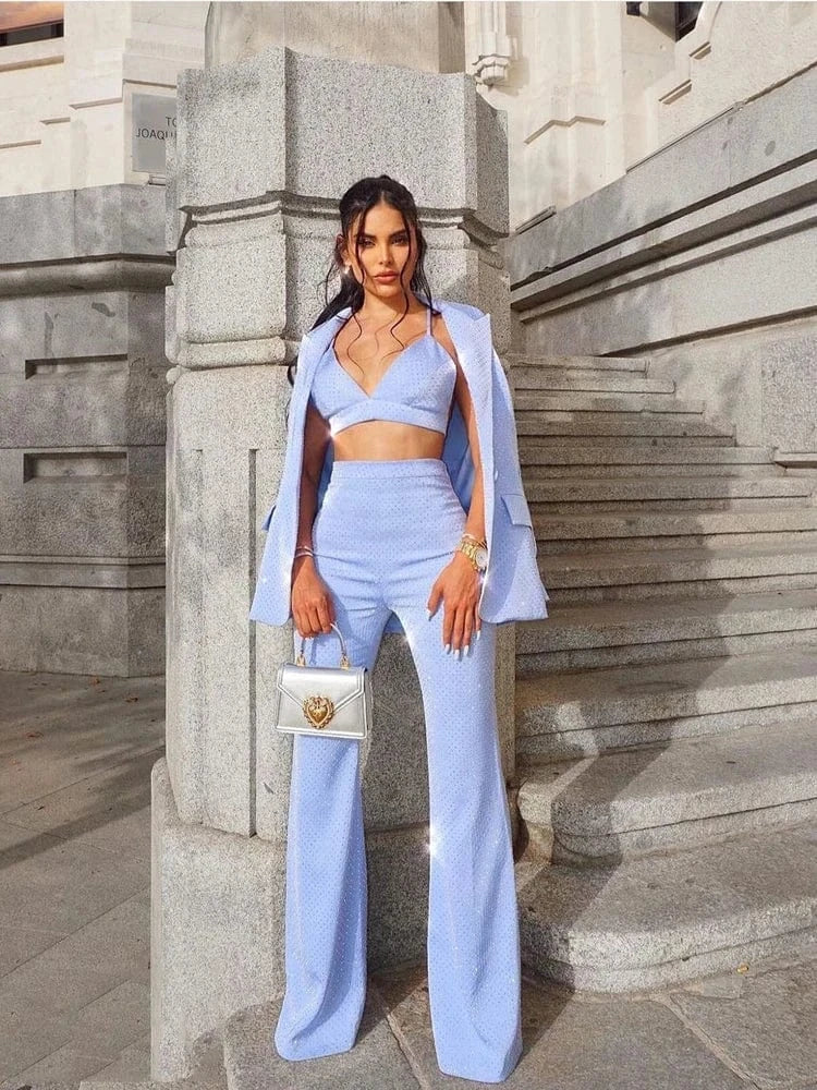 Blue / XL HIGH QUALITY New Fashion 2024 Designer Blazer Suit Set Women's Single Button Diamonds Beaded Camis Blazer Pants Suit 3pcs Set
